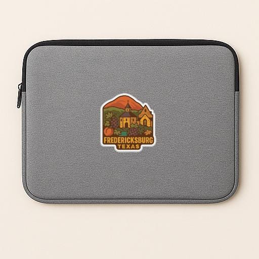 A gray laptop sleeve with a sticker of a landmark, specifically Frederickburg, Texas.