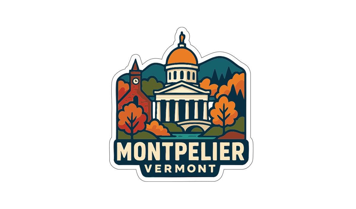 a stylized illustration of the capitol building in Montpelier, Vermont, surrounded by various elements such as trees, a clock tower, and a bridge.
