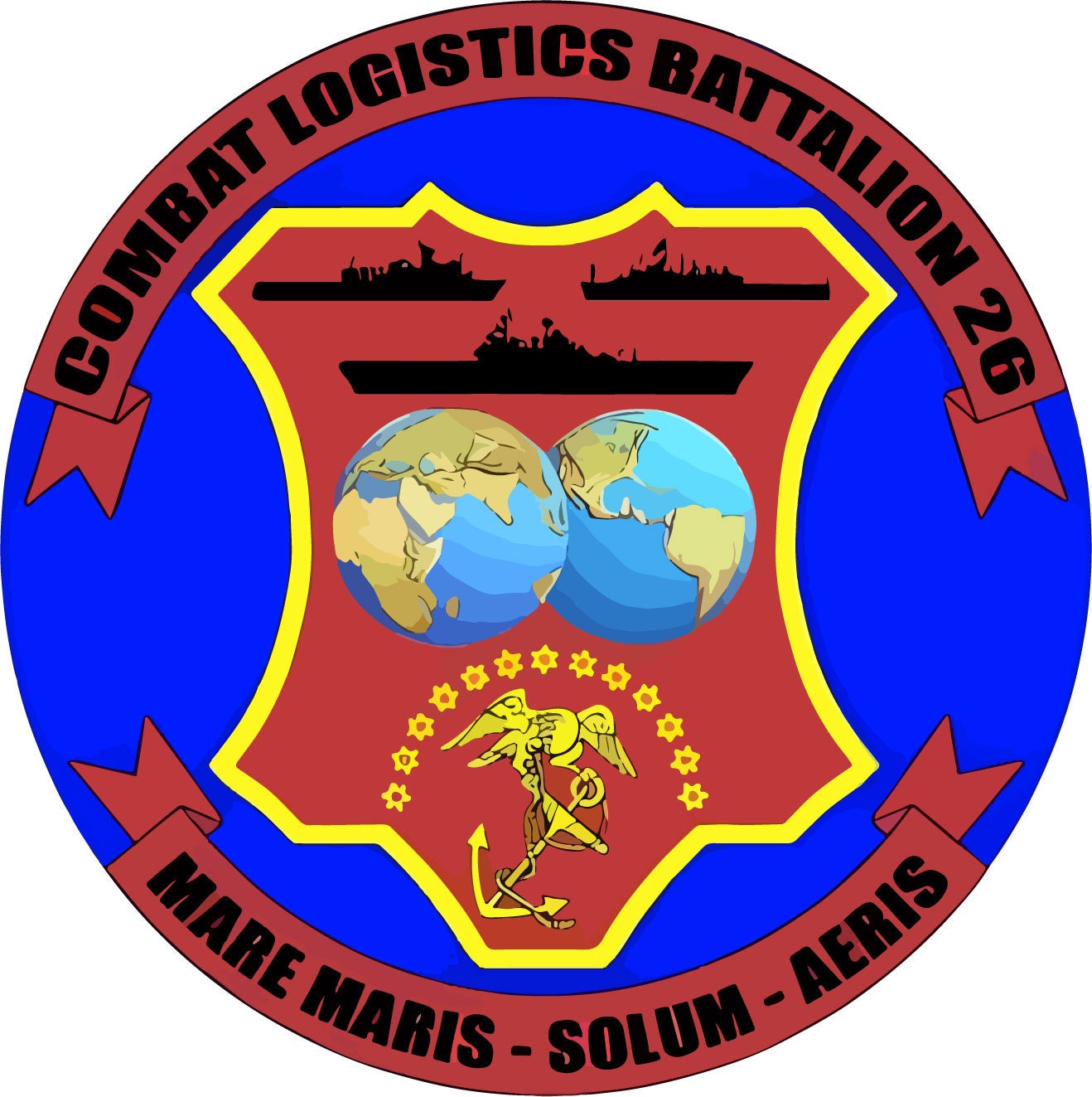 a blue and red emblem with two globes on it
