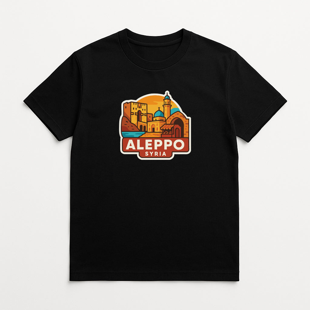 A black t-shirt with a graphic design depicting the city of Aleppo, Syria.