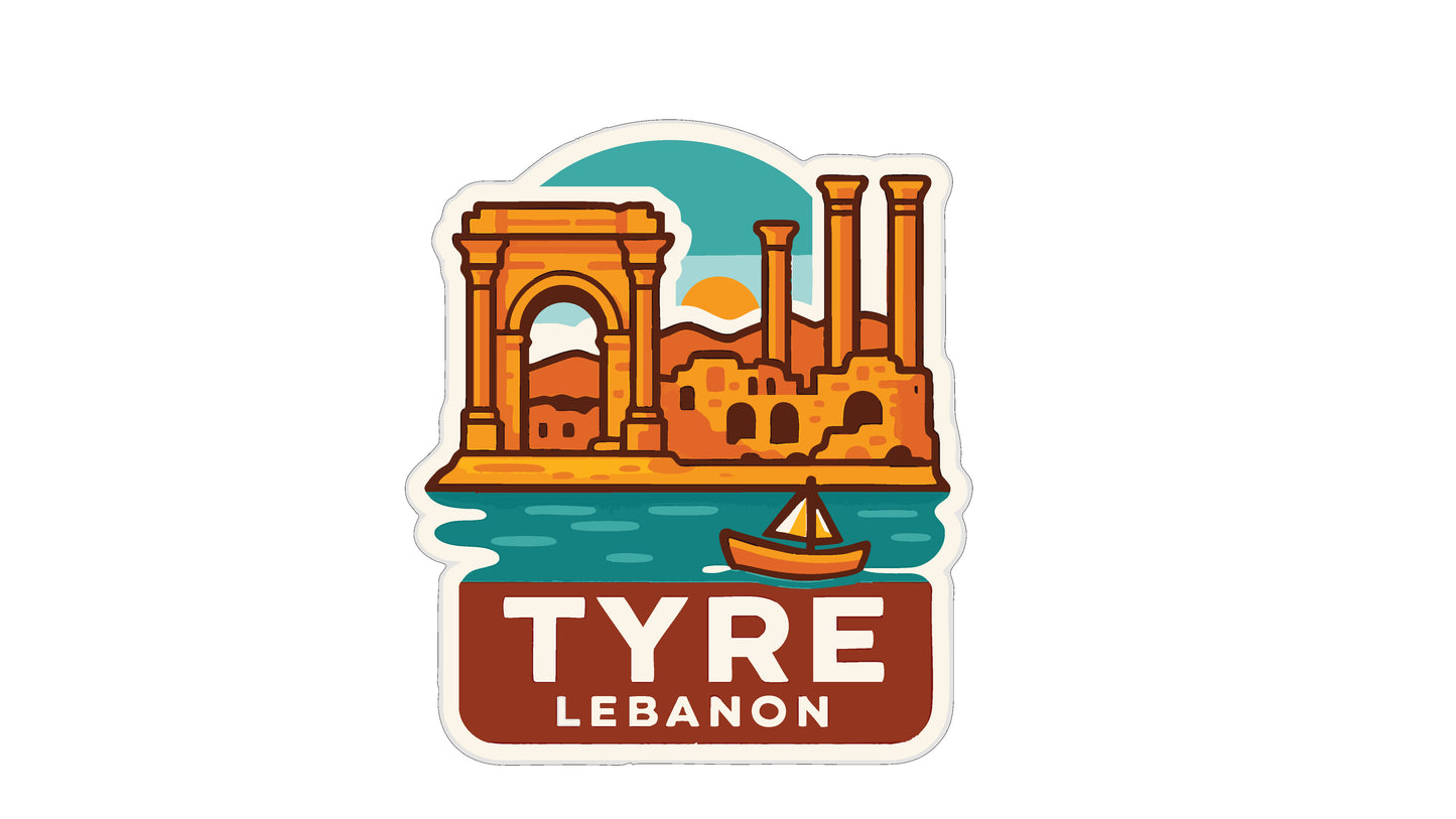 a stylized illustration of a cityscape with a boat on the water, accompanied by the text "TYRE LEBANON" in a bold, red font.