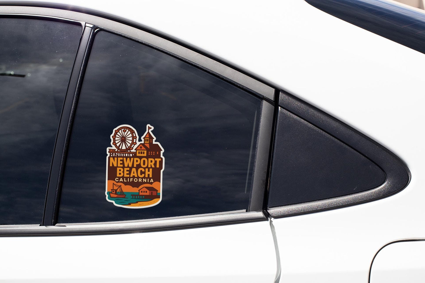 A sticker on the side of a car window, depicting a coastal city with a lighthouse and a building.