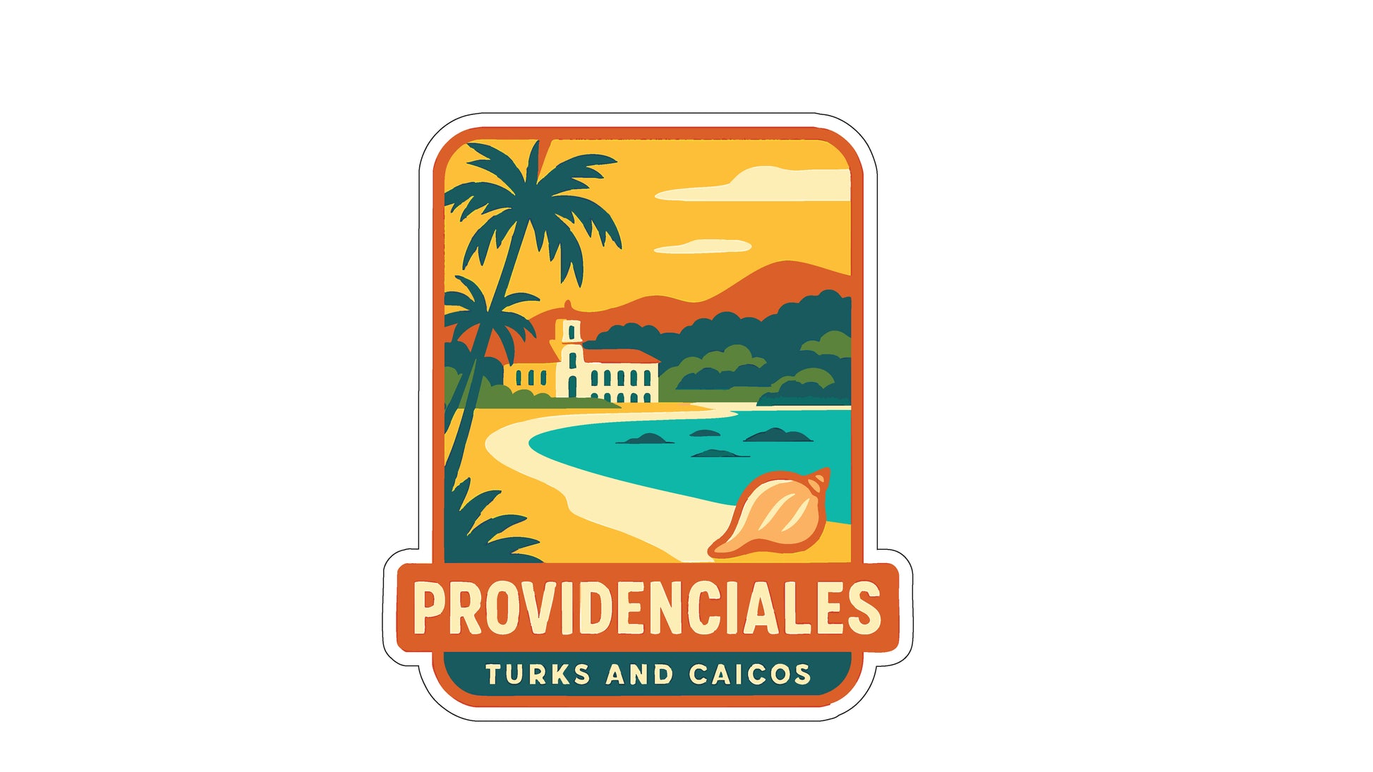a tropical beach scene with palm trees, a building, and a shell, along with the text "PROVIDENCIALES TURKS AND CAICOS".