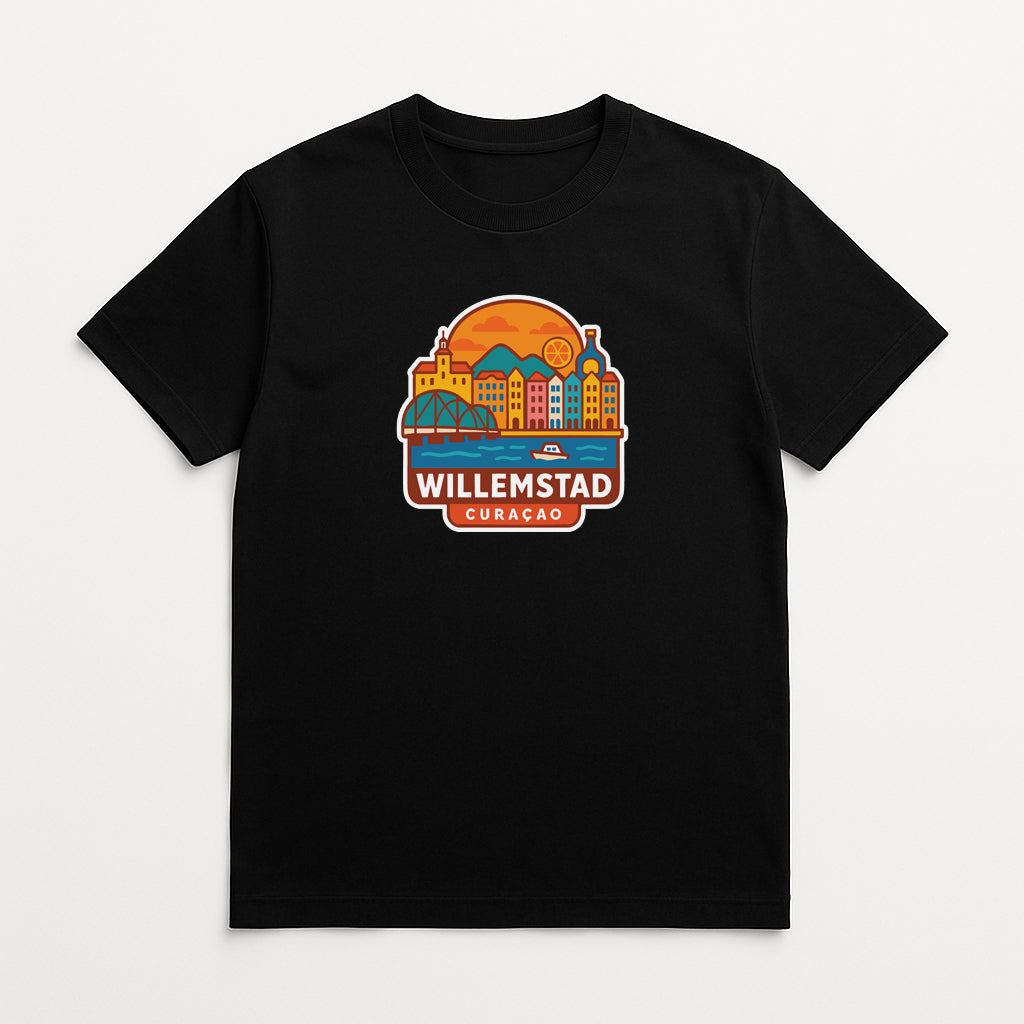 A black t-shirt with a colorful graphic design depicting a city skyline and the text "WILLEMSTAD CURACÇAO" printed on it.