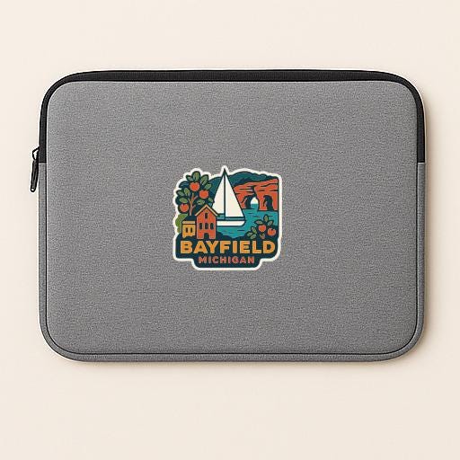 a gray laptop sleeve with a colorful graphic of a sailboat and various landmarks, including a house and a bridge, along with the text "Bayfield, Michigan".