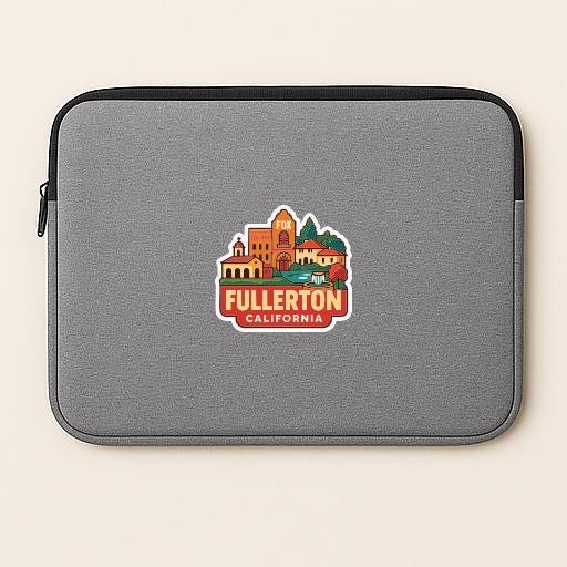 A gray laptop sleeve with a sticker of Fullerton, California on it.