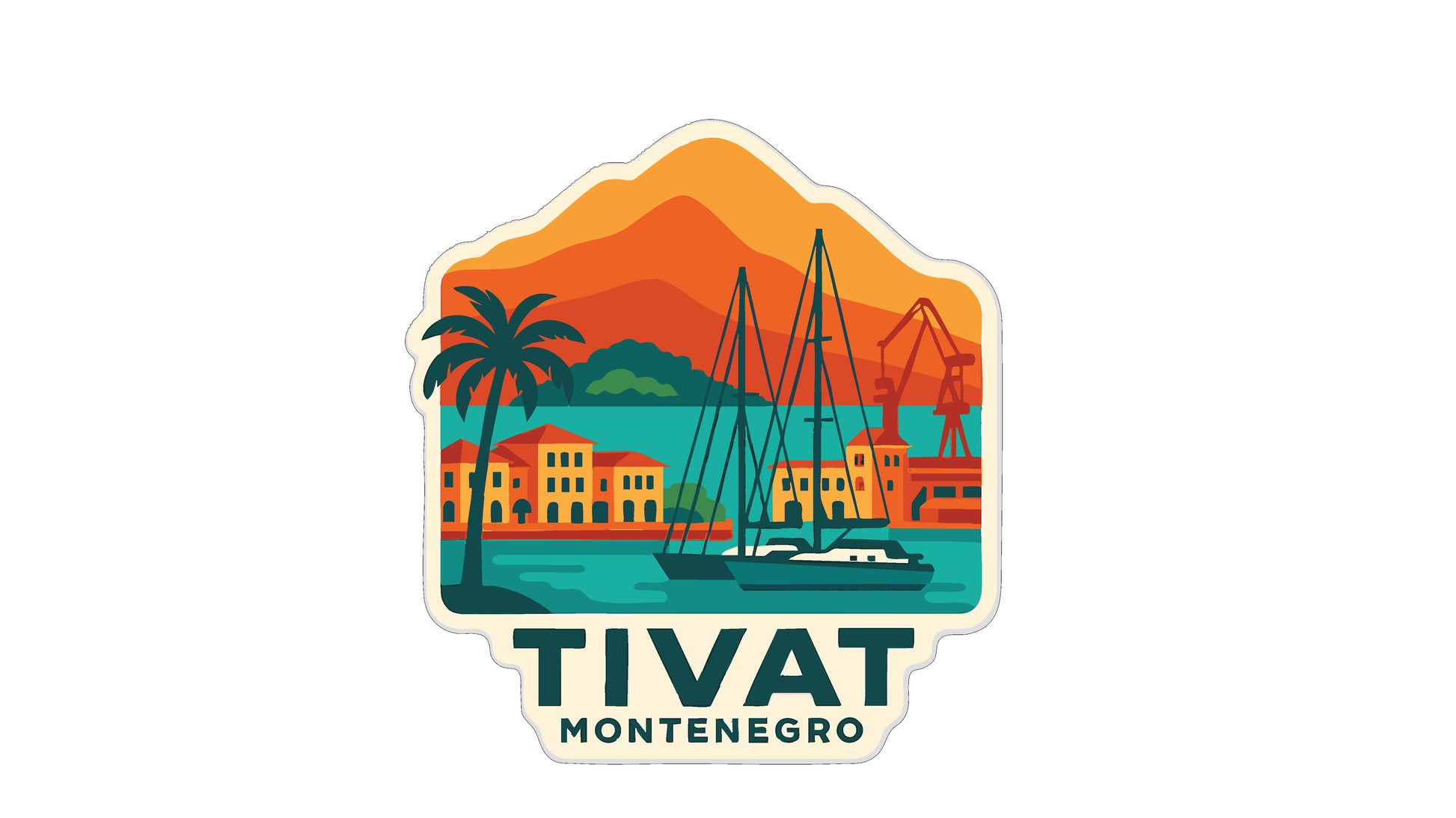 a sticker or logo with a tropical island scene, including palm trees, buildings, and boats.