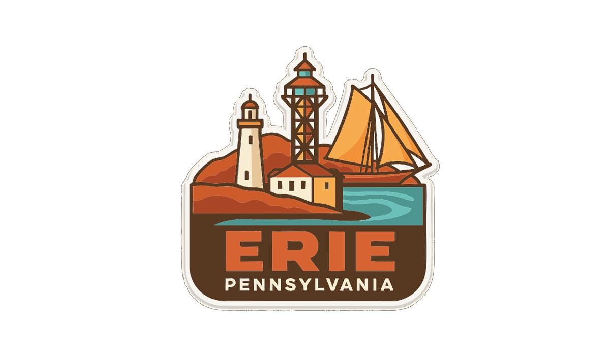 A sticker or logo depicting a lighthouse, a sailboat, and a hill with a building, representing the state of Pennsylvania.