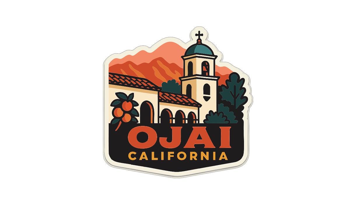 A sticker or emblem featuring a bell tower, mountains, and a tree, with the text "Ojai California" prominently displayed.