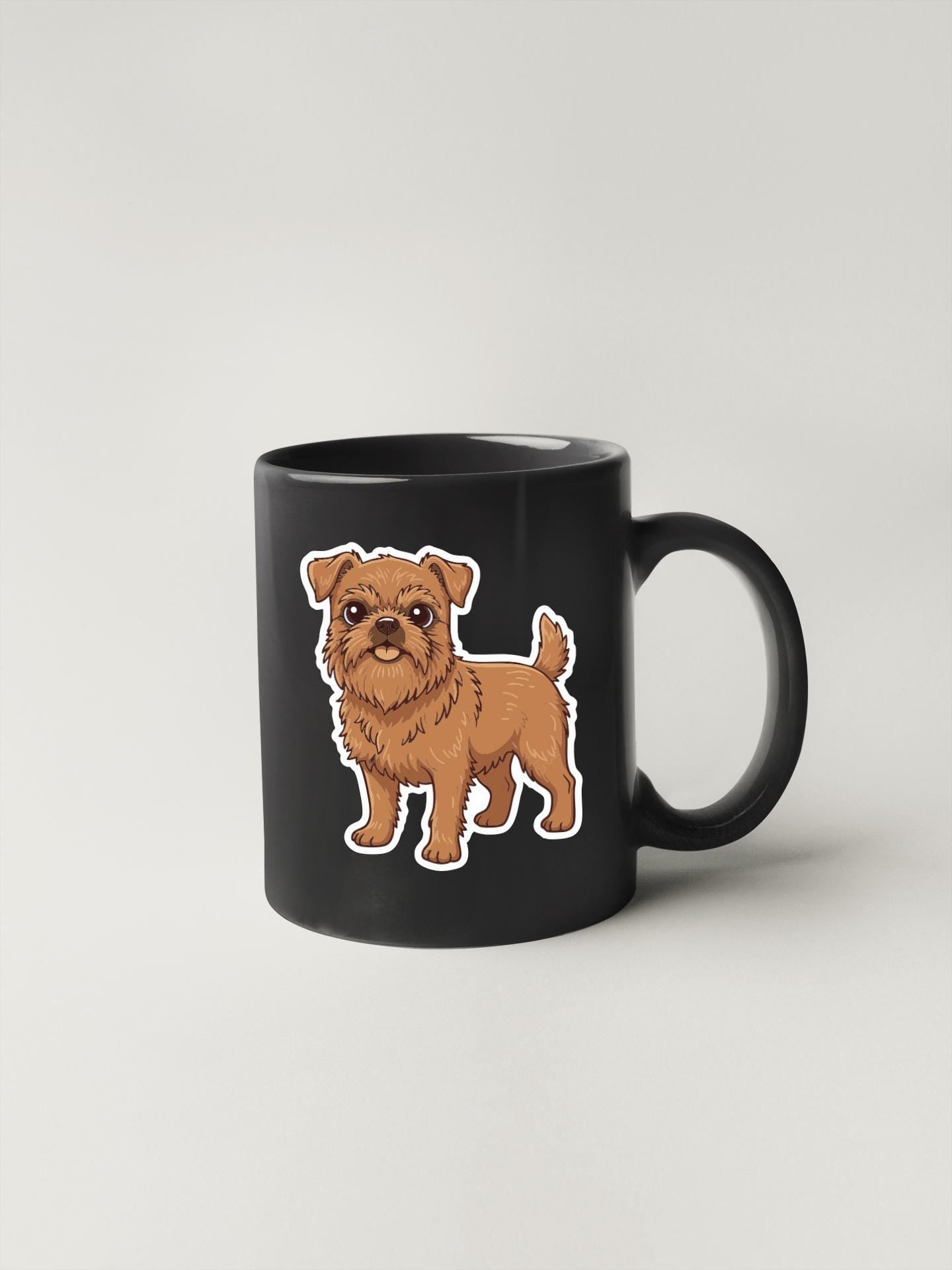 A black mug with a cartoon illustration of a brown dog on it.