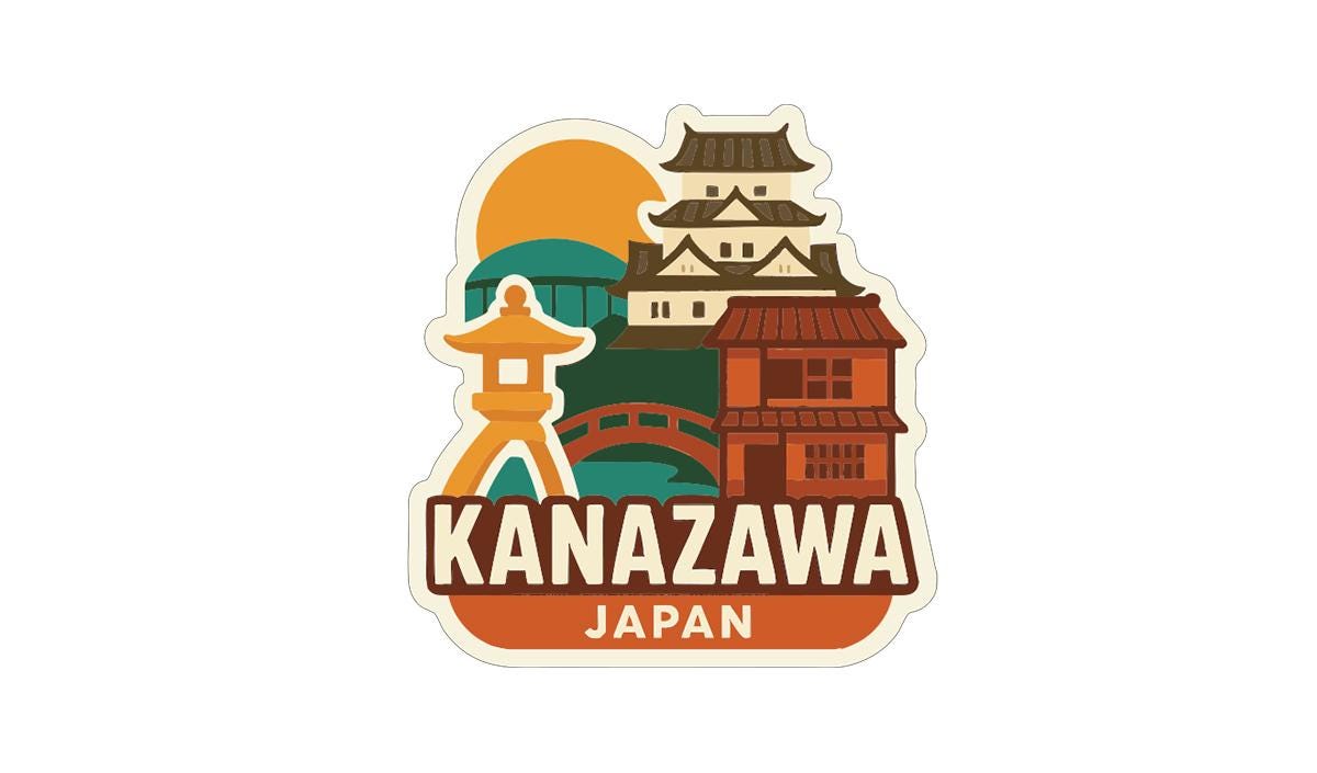 a sticker or emblem with various elements representing Kanazawa, Japan. The sticker includes a pagoda, a temple, and a bridge, along with the text "KANAZAWA JAPAN" prominently displayed.