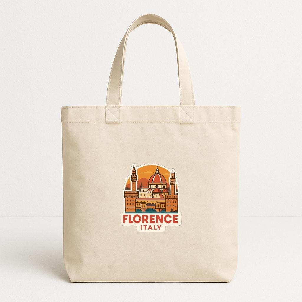 A beige tote bag with a printed design of the Florence Cathedral, a famous landmark in Italy.