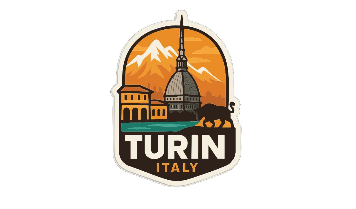 a sticker or emblem with a stylized illustration of a cityscape, including a tall building, mountains, and a lion. The text "TURIN ITALY" is prominently displayed in the center of the image.