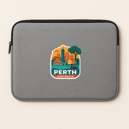 A gray laptop sleeve with a graphic design featuring the city of Perth, Australia.