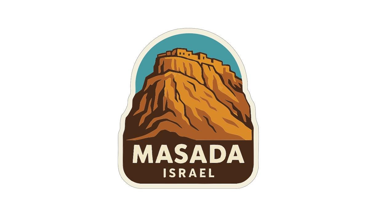 A sticker or emblem featuring the name 'MASADA ISRAEL' along with an illustration of a mountain or hill.