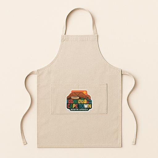 A beige apricot with a colorful logo depicting Cape Town, South Africa, printed on it.