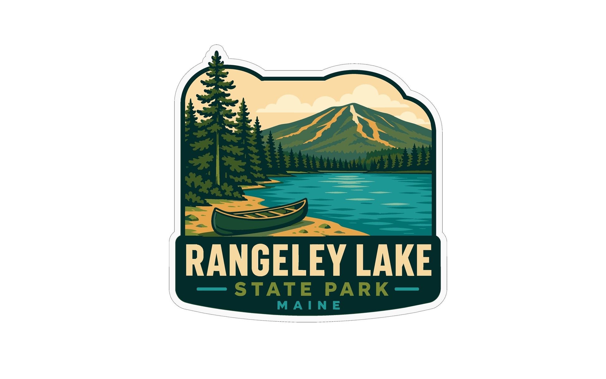 A sticker or emblem featuring a scenic landscape with a lake, mountains, pine trees, and a canoe, with the text "RANGELEY LAKE STATE PARK Maine" prominently displayed.