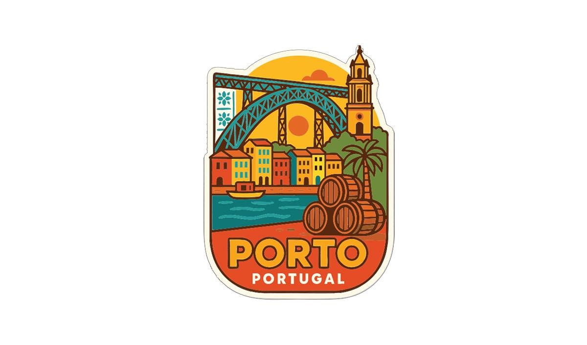 a colorful sticker or emblem depicting the city of Porto, Portugal.