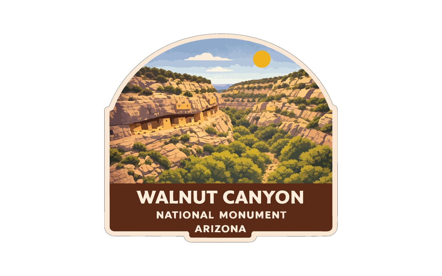 The image is a label or emblem for Walnut Canyon National Monument in Arizona, featuring a scenic landscape with a mountain range, a valley, and a bright sun in the sky.