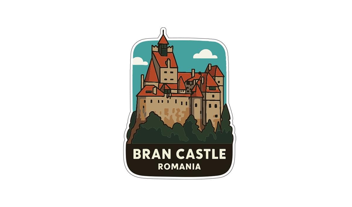 A sticker depicting the Bran Castle in Romania, featuring a stylized illustration of the castle surrounded by trees and a blue sky.