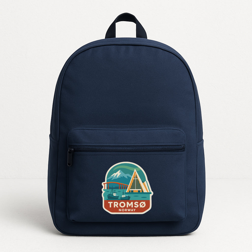 A navy blue backpack with a logo on the front pocket.