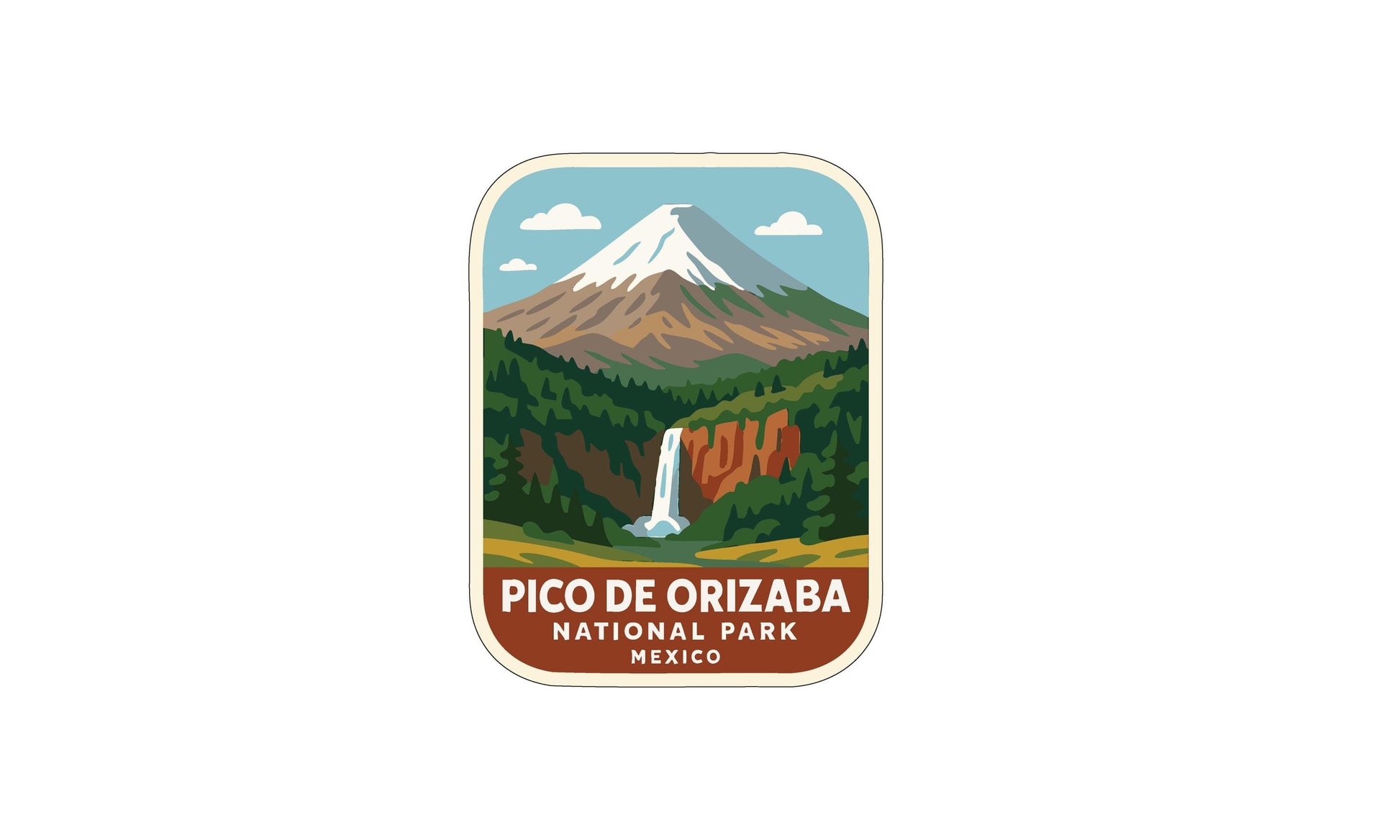 a sticker or emblem for Pico de Orizaba National Park in Mexico. The design includes a mountain with a waterfall, surrounded by a forest and a clear blue sky.