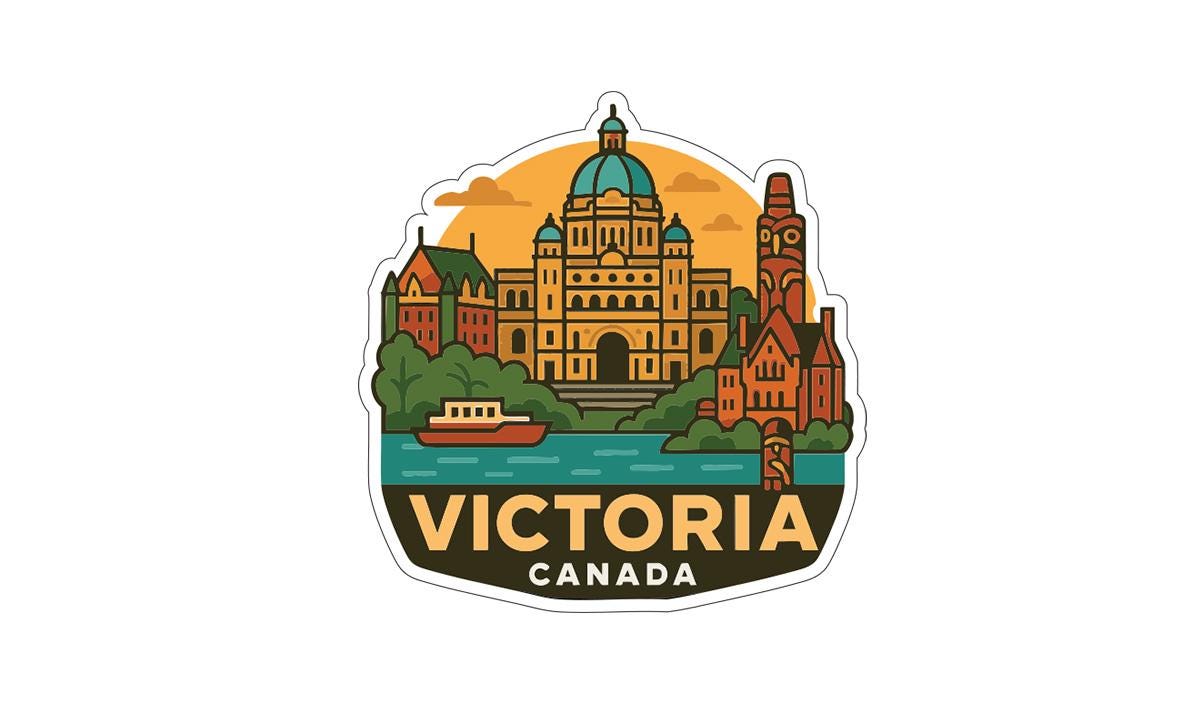 A sticker or emblem featuring the Victoria, British Columbia, Canada skyline, with various landmarks and buildings depicted in a stylized illustration.