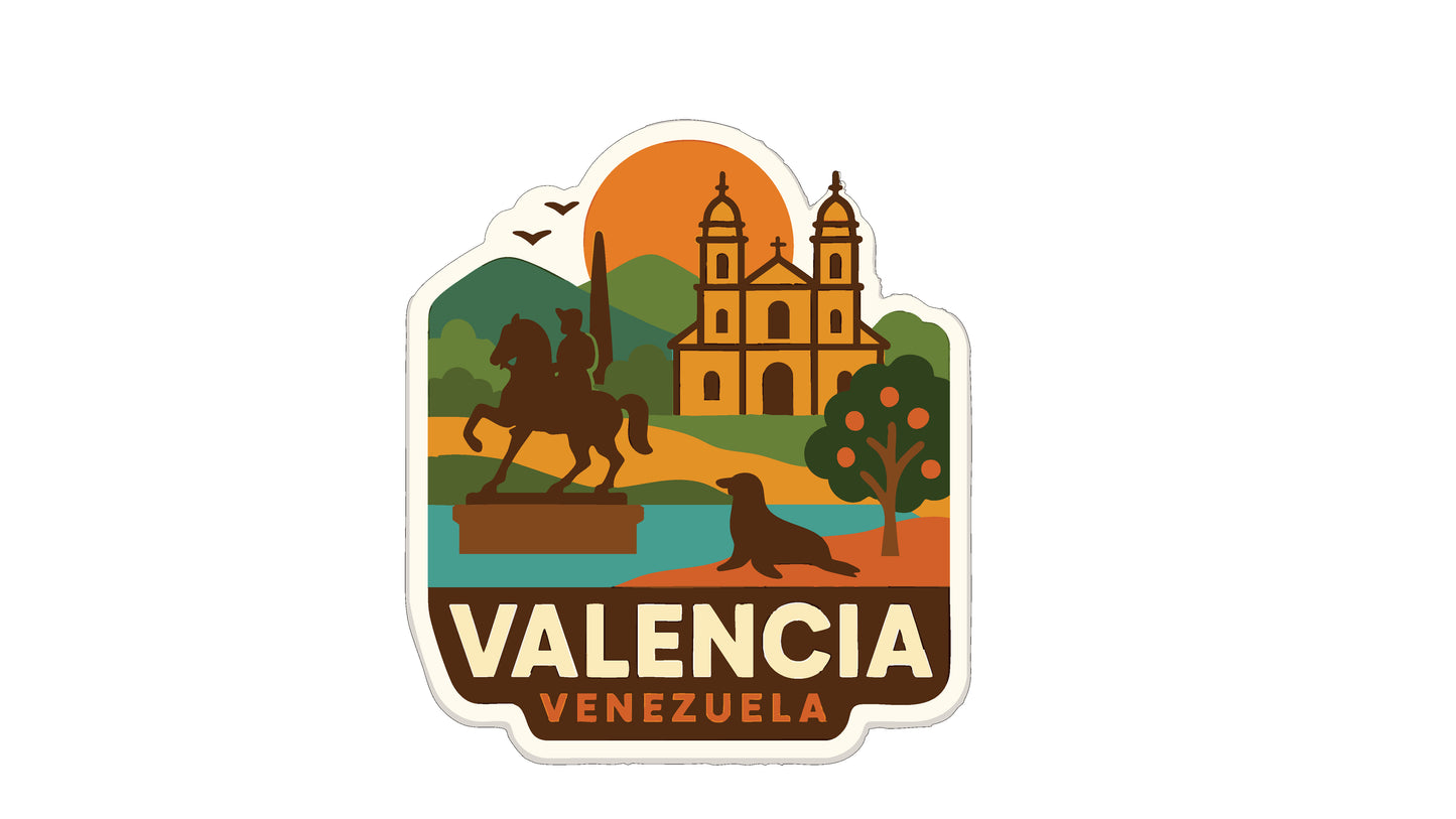 The image is a sticker or emblem featuring a horse, a statue, a building, and a dog, with the text "VALENCIA VENEZUELA" prominently displayed.