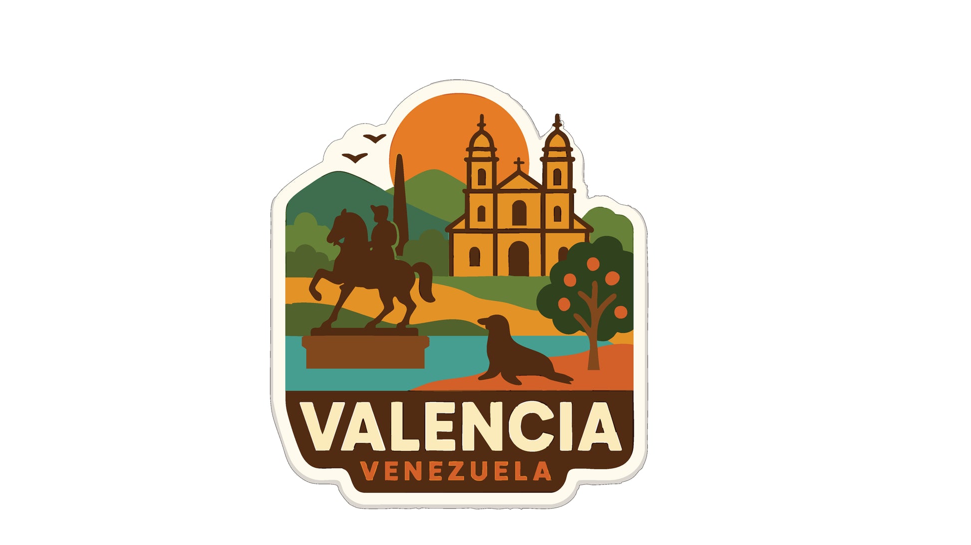 The image is a sticker or emblem featuring a horse, a statue, a building, and a dog, with the text "VALENCIA VENEZUELA" prominently displayed.