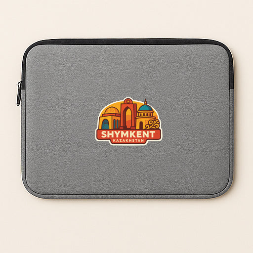 a gray laptop sleeve with a colorful logo of Shymkent, Uzbekistan.