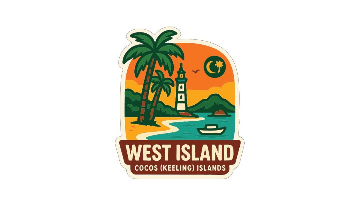 A sticker or logo depicting a tropical island scene with palm trees, a lighthouse, and a boat on the water.