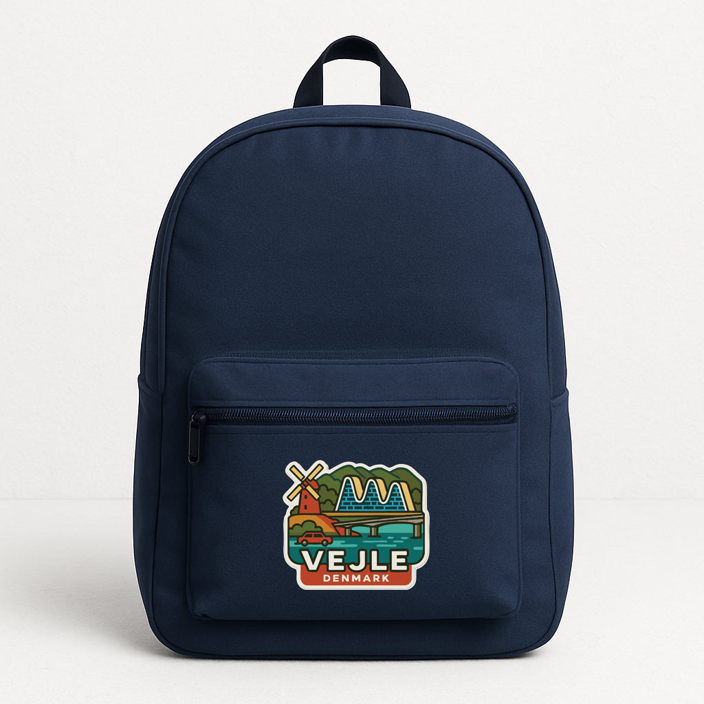 A navy blue backpack with a graphic of a windmill and the text "VEJLE DENMARK" printed on it.