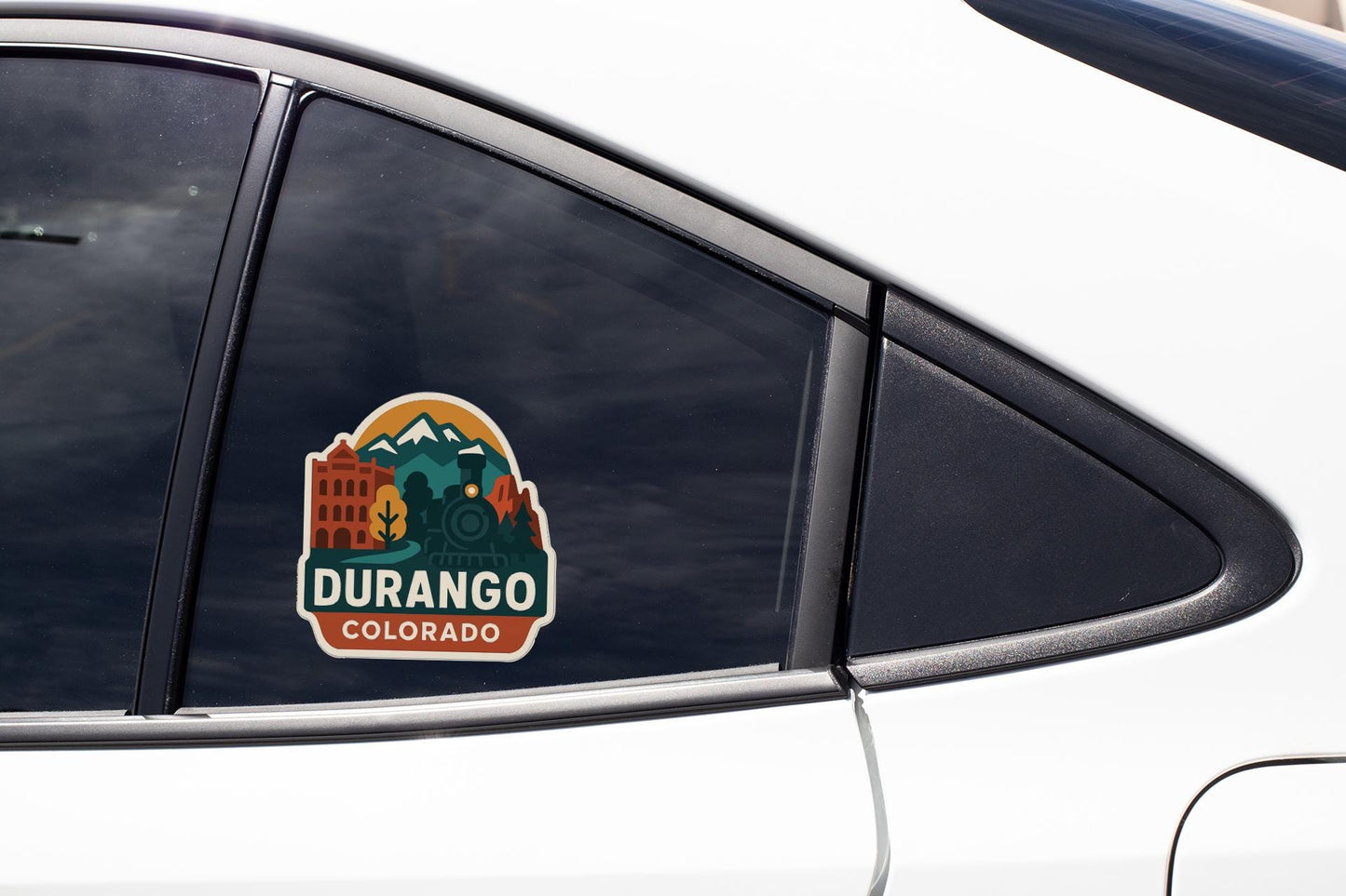 A sticker on the side of a car window that says "DURANGO COLORADO".