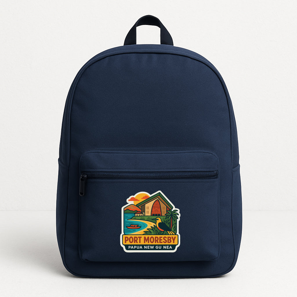 A navy blue backpack with a graphic of a tropical beach and a house, along with the text "PORT MORESBY PAPUA NEW GU NEA".