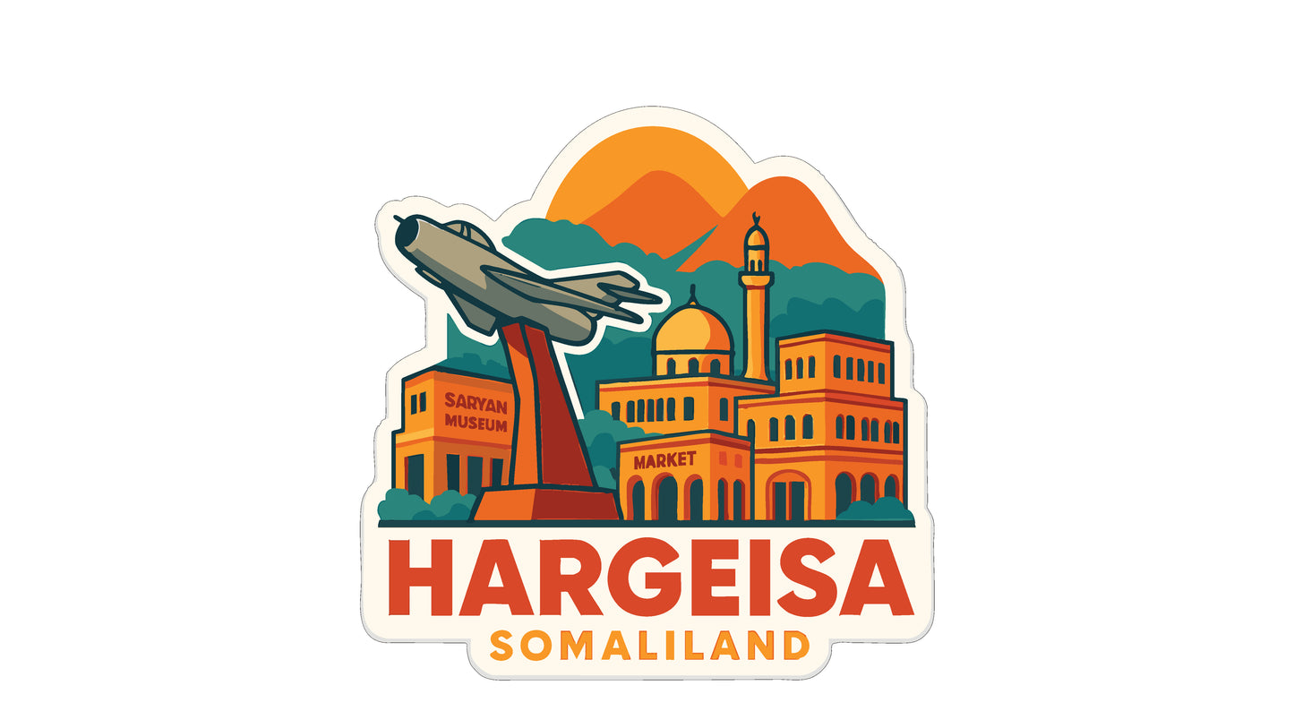 a sticker or logo depicting a cityscape with a large airplane, buildings, and mountains in the background.