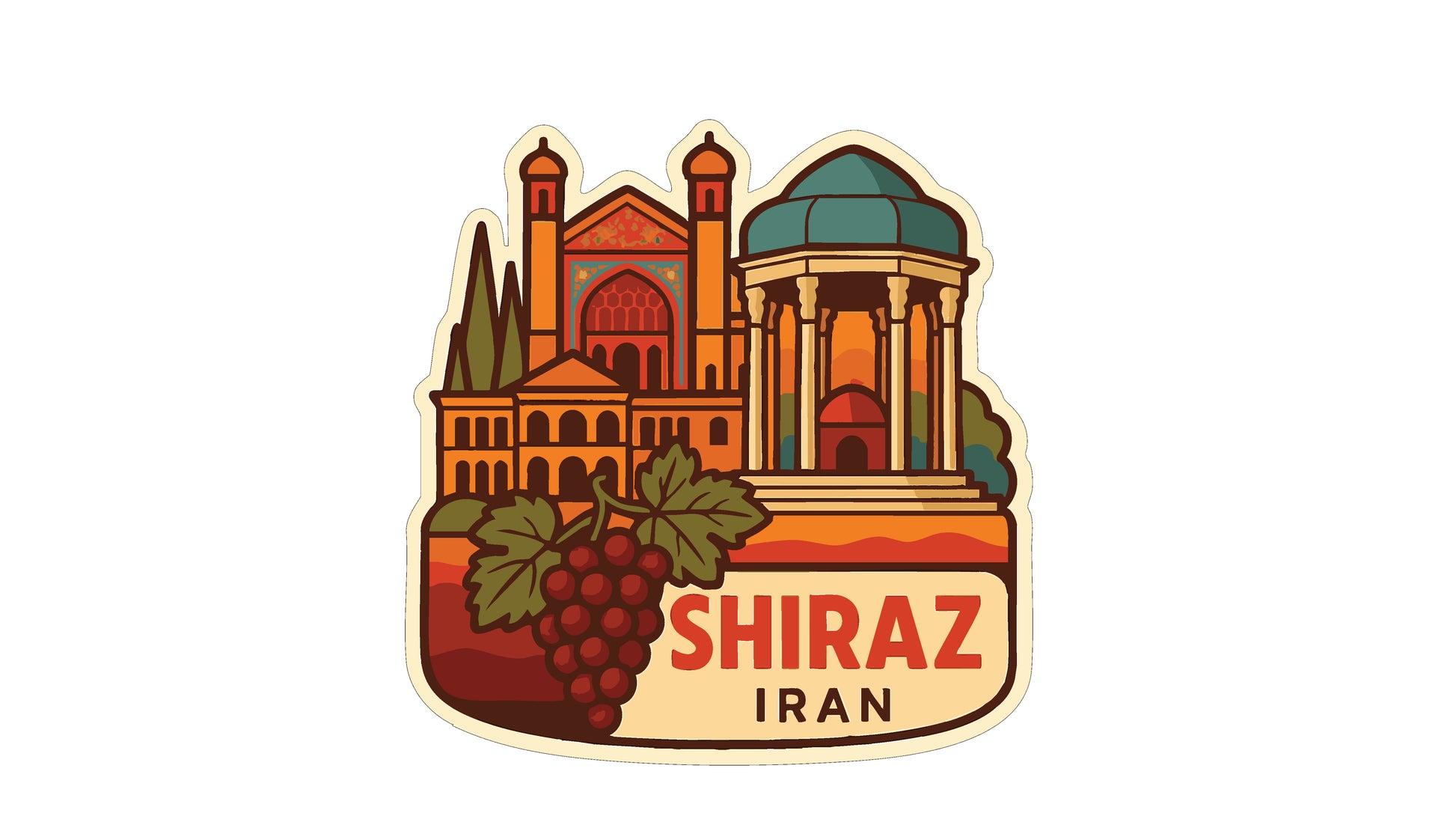 A sticker or illustration depicting the city of Shiraz, Iran, with a domed building, a palace, and a grape vine.