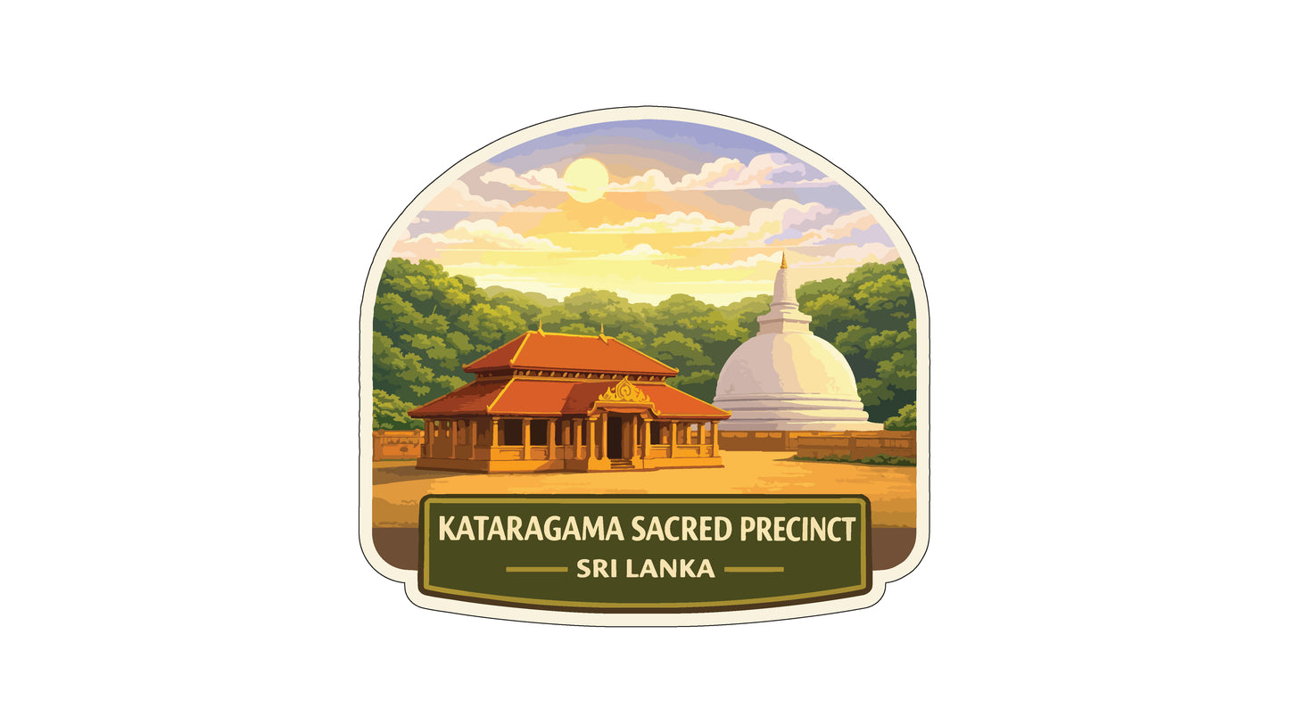 A sticker or label featuring the Kitaragama Sacred Preinct in Sri Lanka, with a temple and a white dome in the background, set against a colorful sky with clouds and a sun.