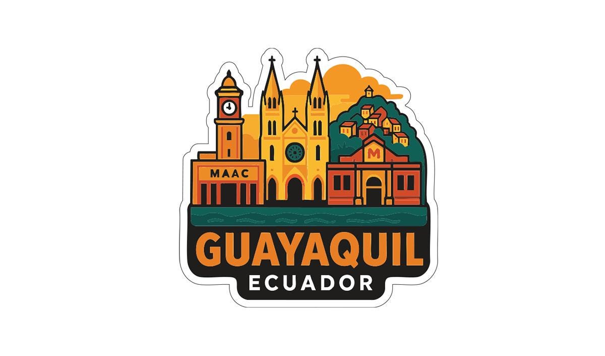 a stylized illustration of the city of Guayaquil, Ecuador, with various landmarks and buildings depicted in a colorful and vibrant manner.