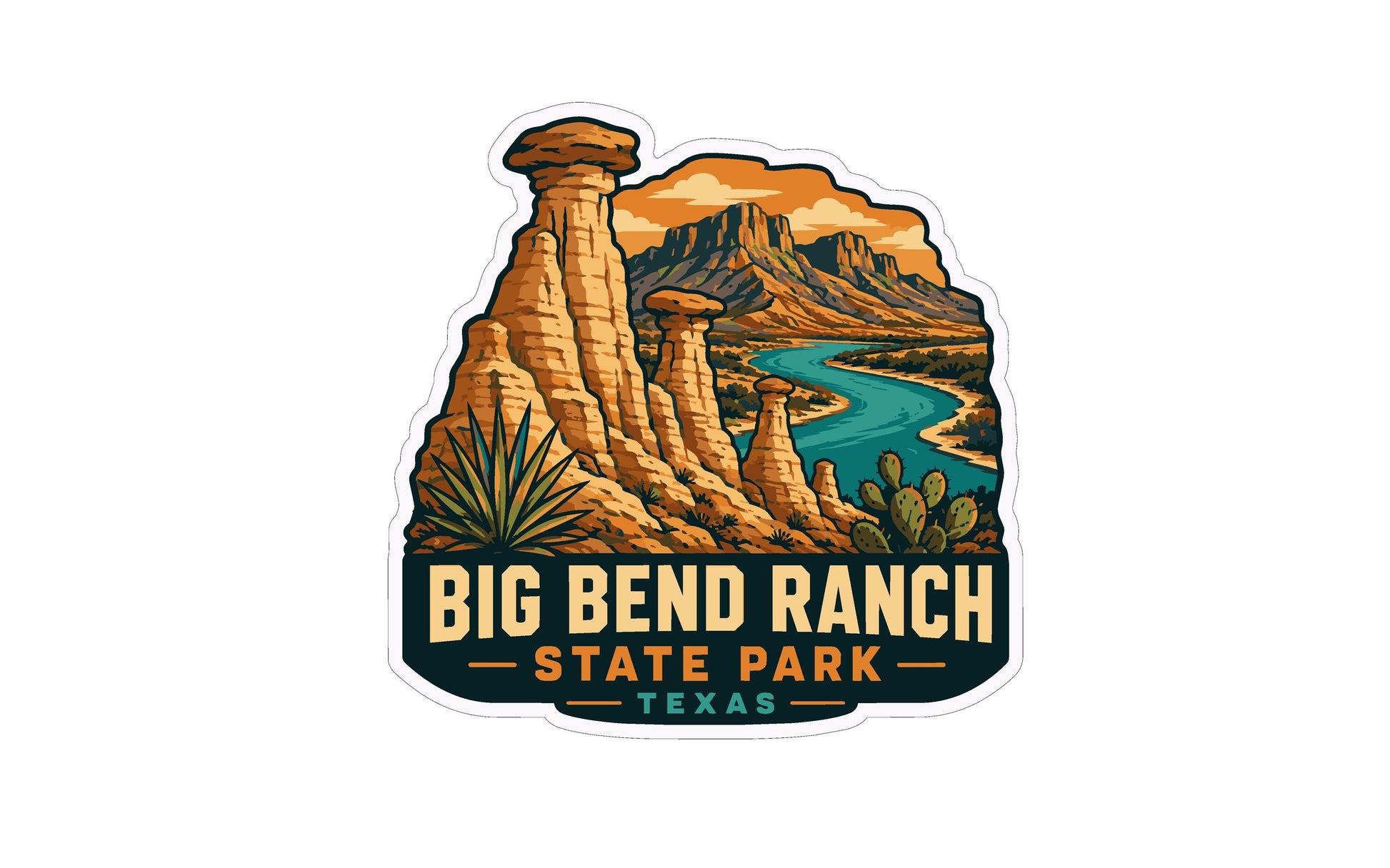 A sticker or emblem featuring the Big Bend Ranch in Texas, with a scenic landscape of rock formations, a river, and desert vegetation.