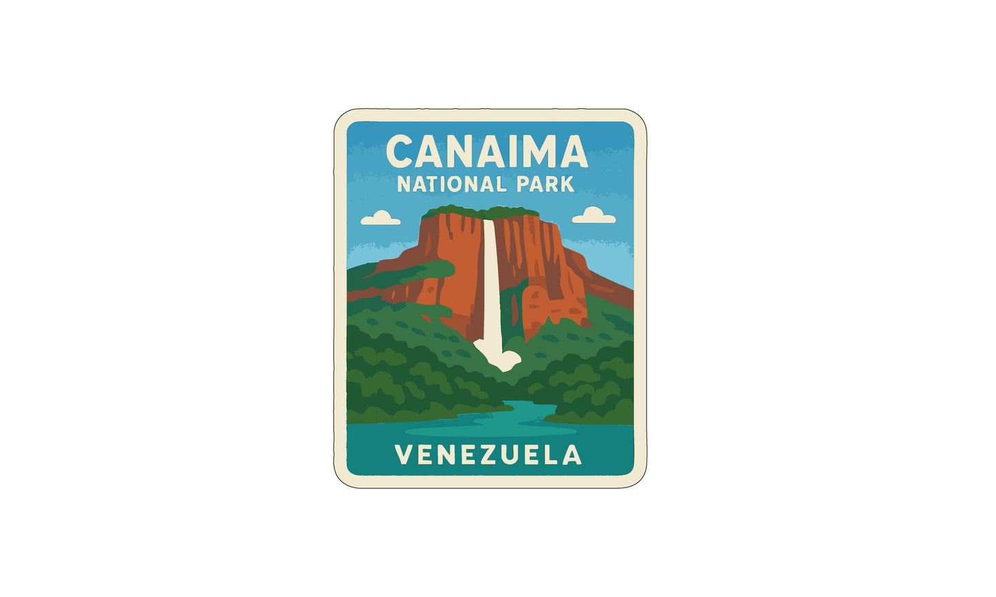 The image is a sticker or poster depicting the famous Angel Falls, the world's highest uninterrupted waterfall, located in Venezuela.