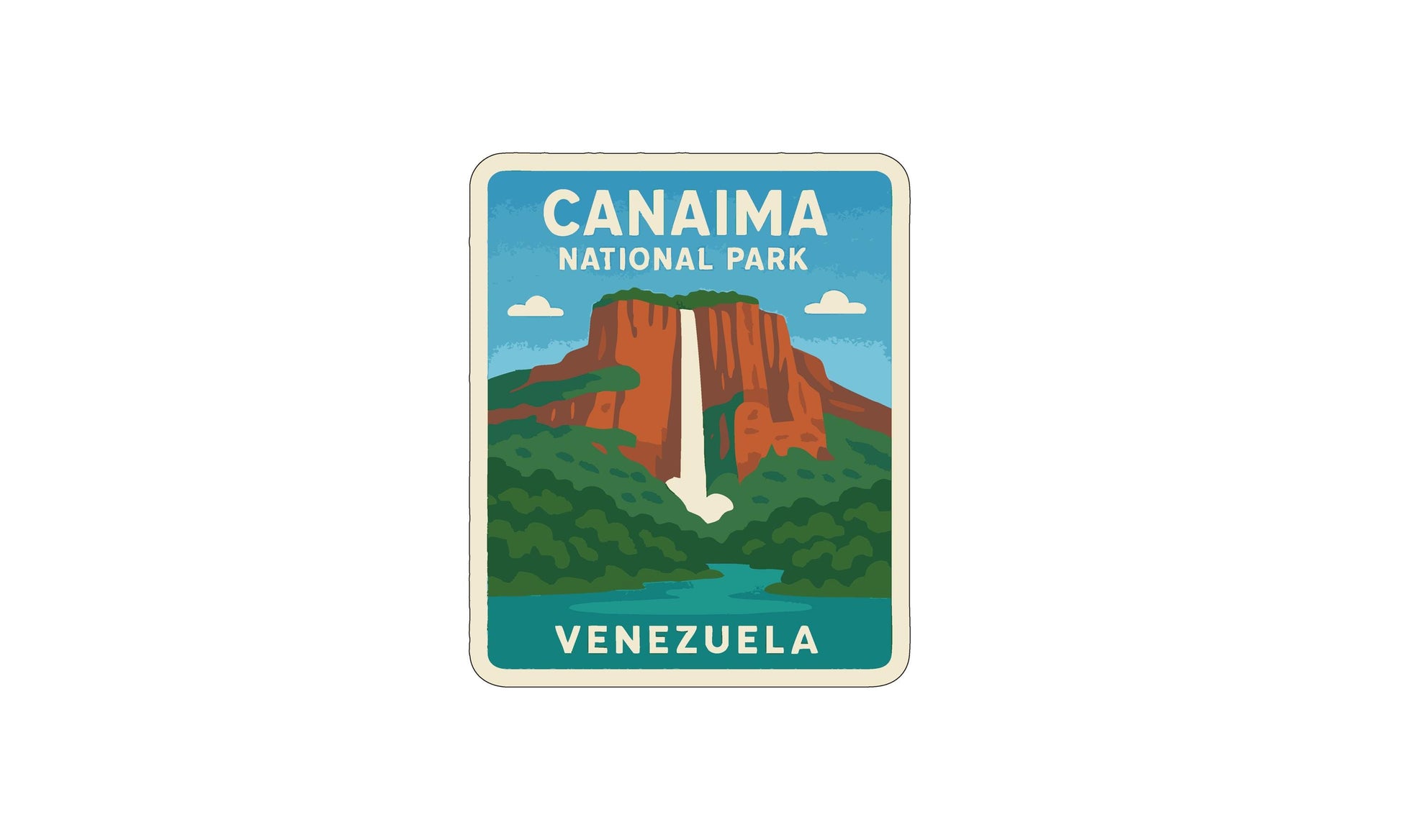 The image is a sticker or poster depicting the famous Angel Falls, the world's highest uninterrupted waterfall, located in Venezuela.