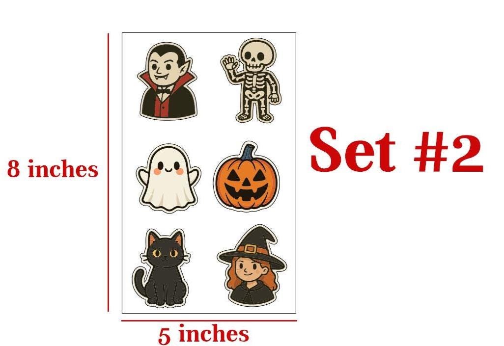 a set of stickers depicting Halloween-themed characters, including a skeleton, a vampire, a ghost, a pumpkin, a black cat, and a witch. The stickers are 8 inches in size, and the image is 5 inches in size.