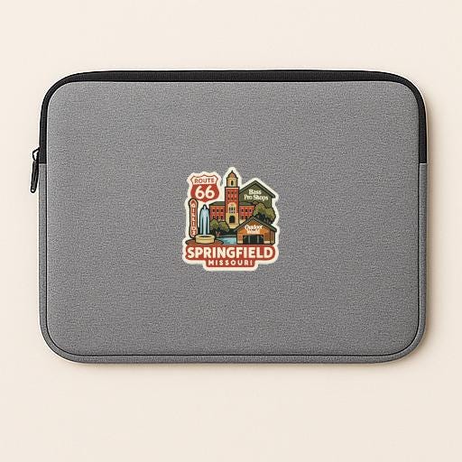 A gray laptop sleeve with a graphic design depicting the landmarks and architecture of Springfield, Missouri.