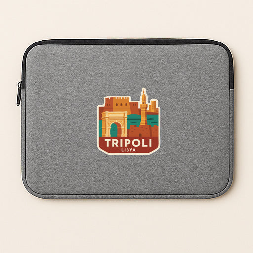 A gray laptop sleeve with a graphic design depicting the city of Tripoli, Libya.