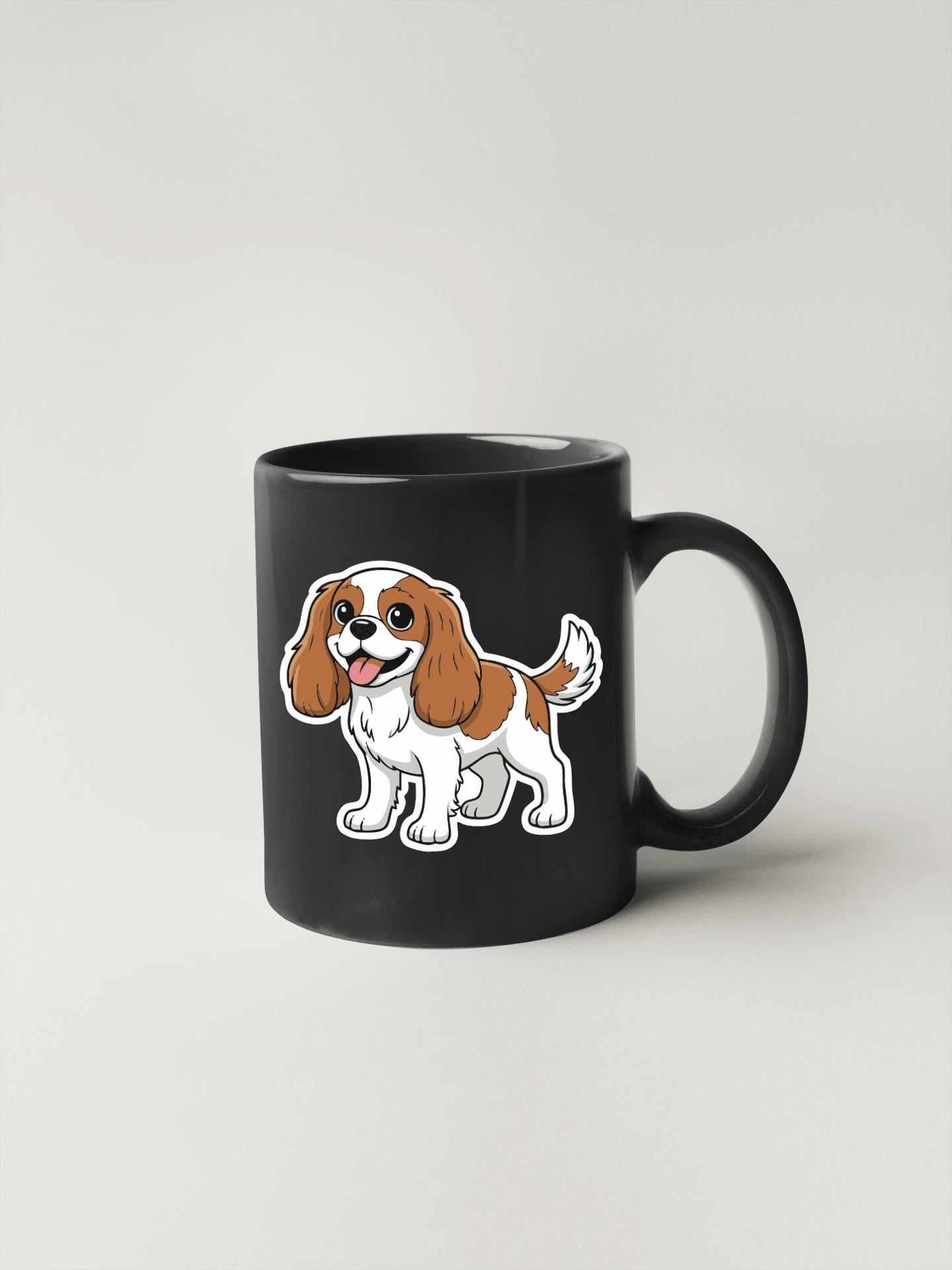 A black coffee mug with a cartoon illustration of a dog on it.