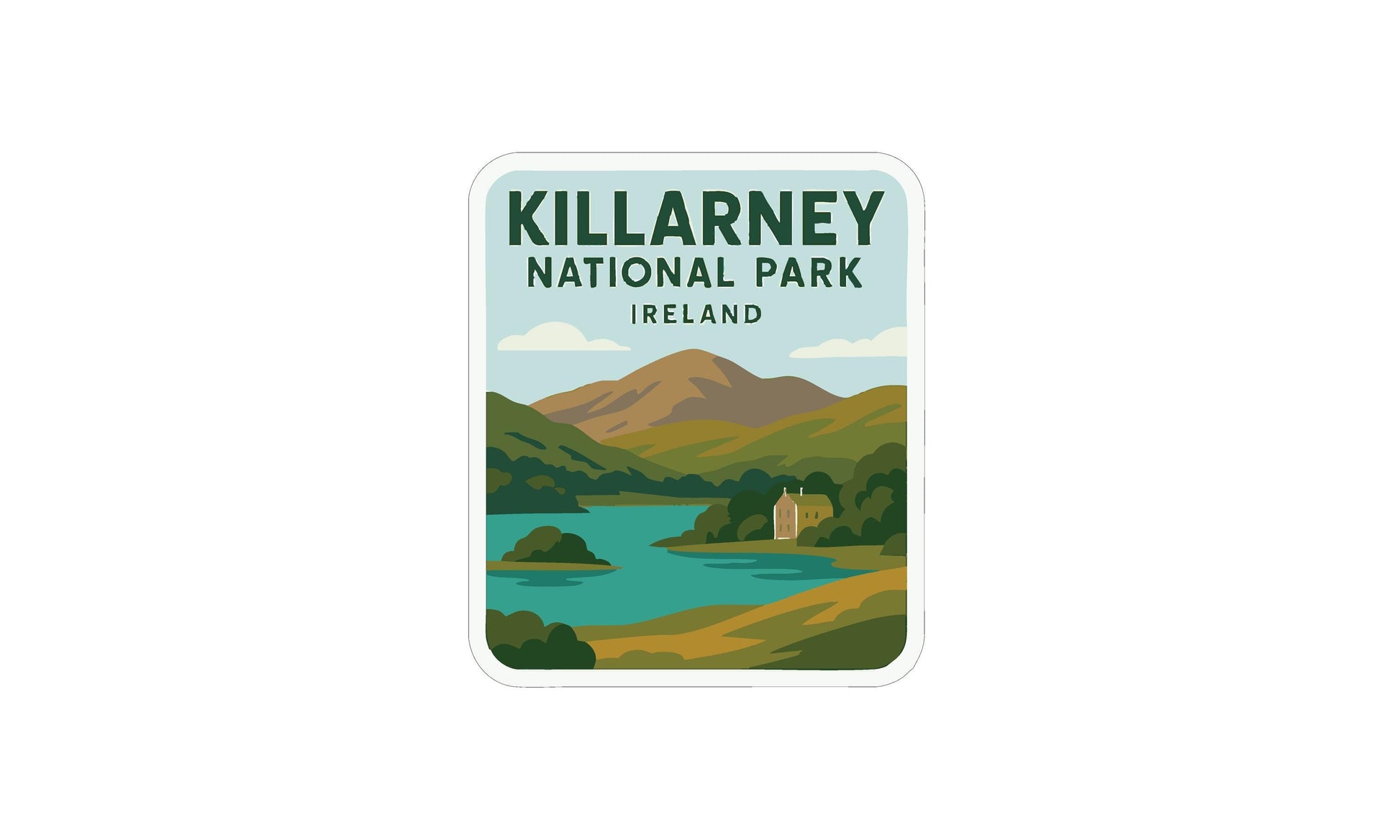 The image is a sticker or poster depicting a scenic landscape with mountains, a lake, and a small building, likely representing Killarney National Park in Ireland.