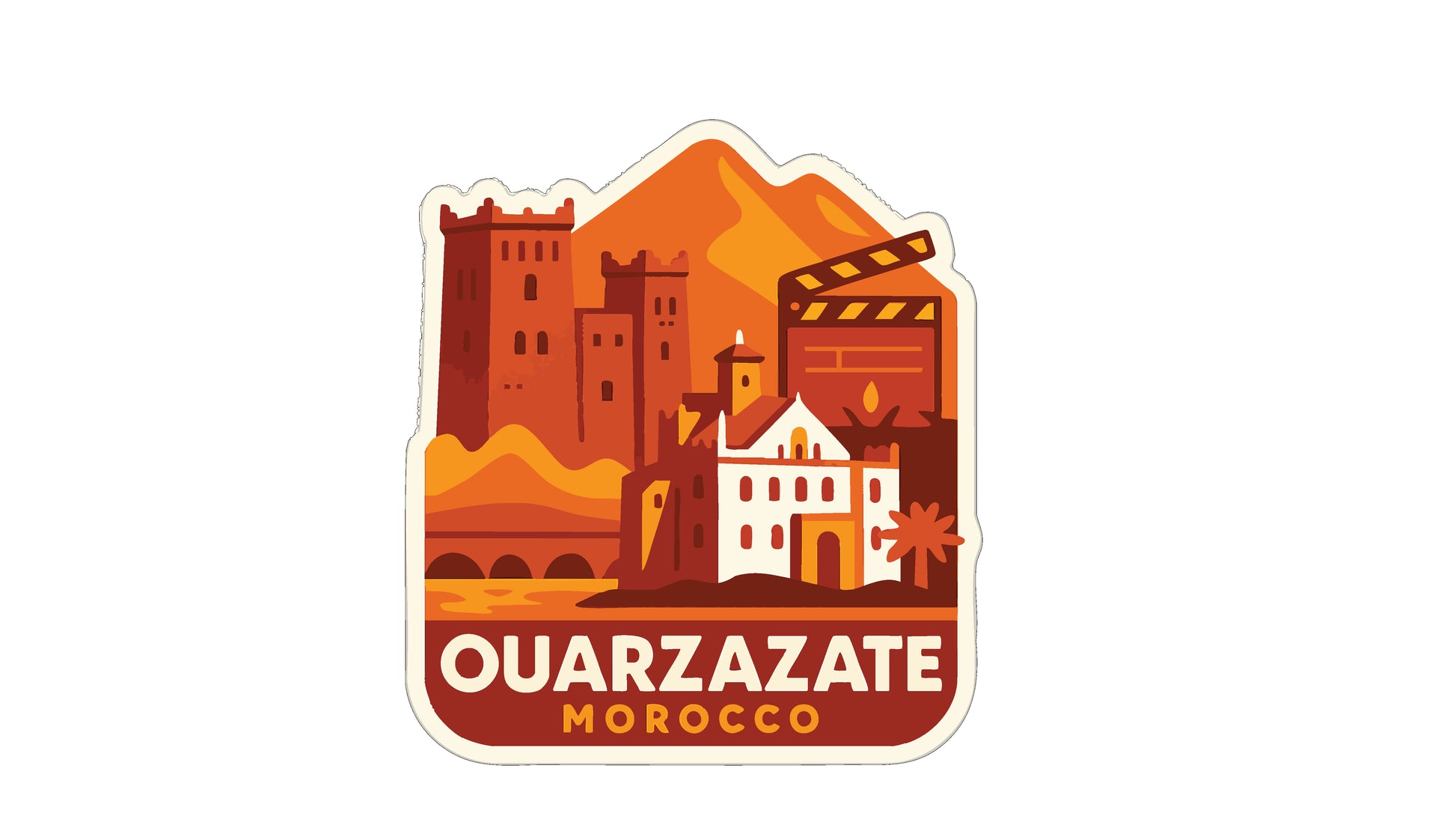 The image is a sticker or illustration depicting a cityscape with buildings, a castle, and a mountain, with the text "OUARZAZATE MOROCCO" prominently displayed.