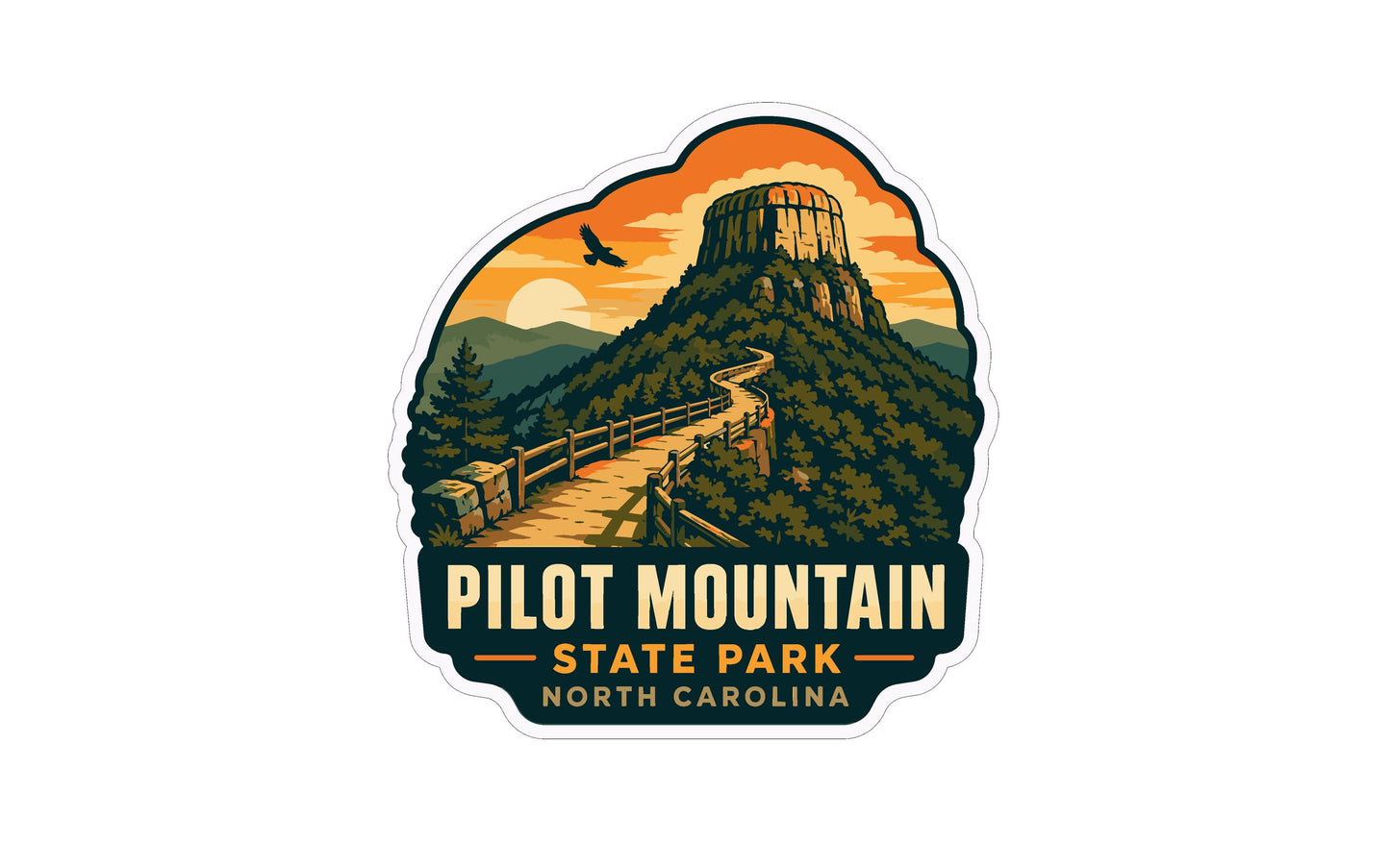 A sticker depicting a scenic mountain landscape with a winding path leading up to a large, domed structure, likely Pilot Mountain, in North Carolina.