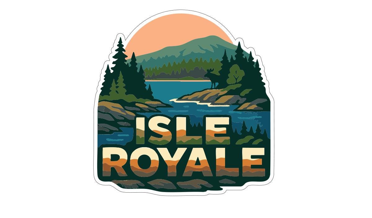 A sticker or logo depicting a scenic landscape with mountains, pine trees, a lake, and a moose, with the text "ISLE ROYALE" prominently displayed.