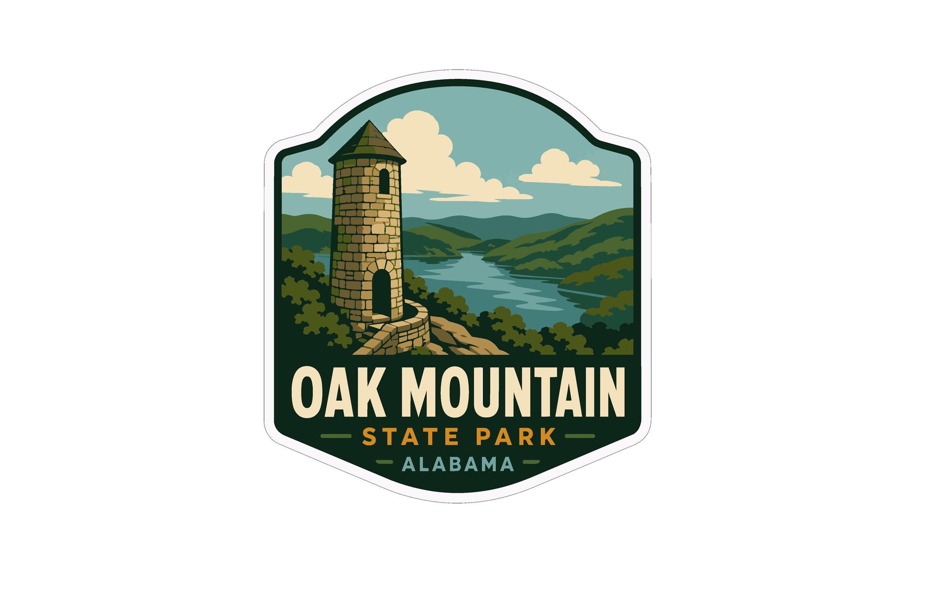 A sticker or emblem featuring a stone tower on a mountain overlooking a river, with the text "OAK MOUNTAIN STATE PARK ALABAMA" prominently displayed.